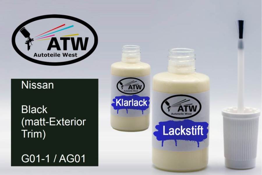 Nissan, Black (matt-Exterior Trim), G01-1 / AG01: 20ml Lackstift + 20ml Klarlack - Set, von ATW Autoteile West.